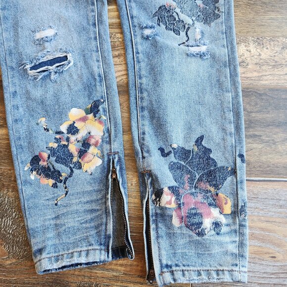 One x One Teaspoon Freebird Distressed Painted Rigid Skinny Jeans Ankle-Zip - Picture 5 of 13